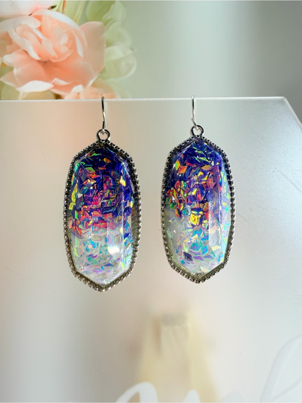 Iridescent Holographic Dangle Earrings - Silver Trim